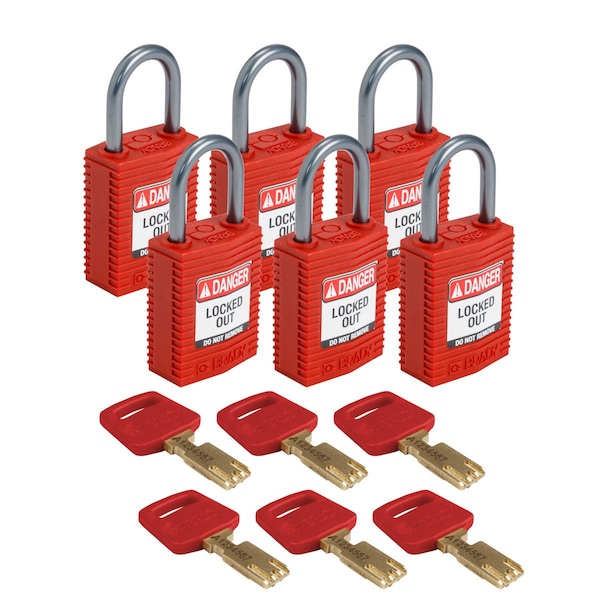 Padlock, Keyed Different, Nylon, Red, 6 PK